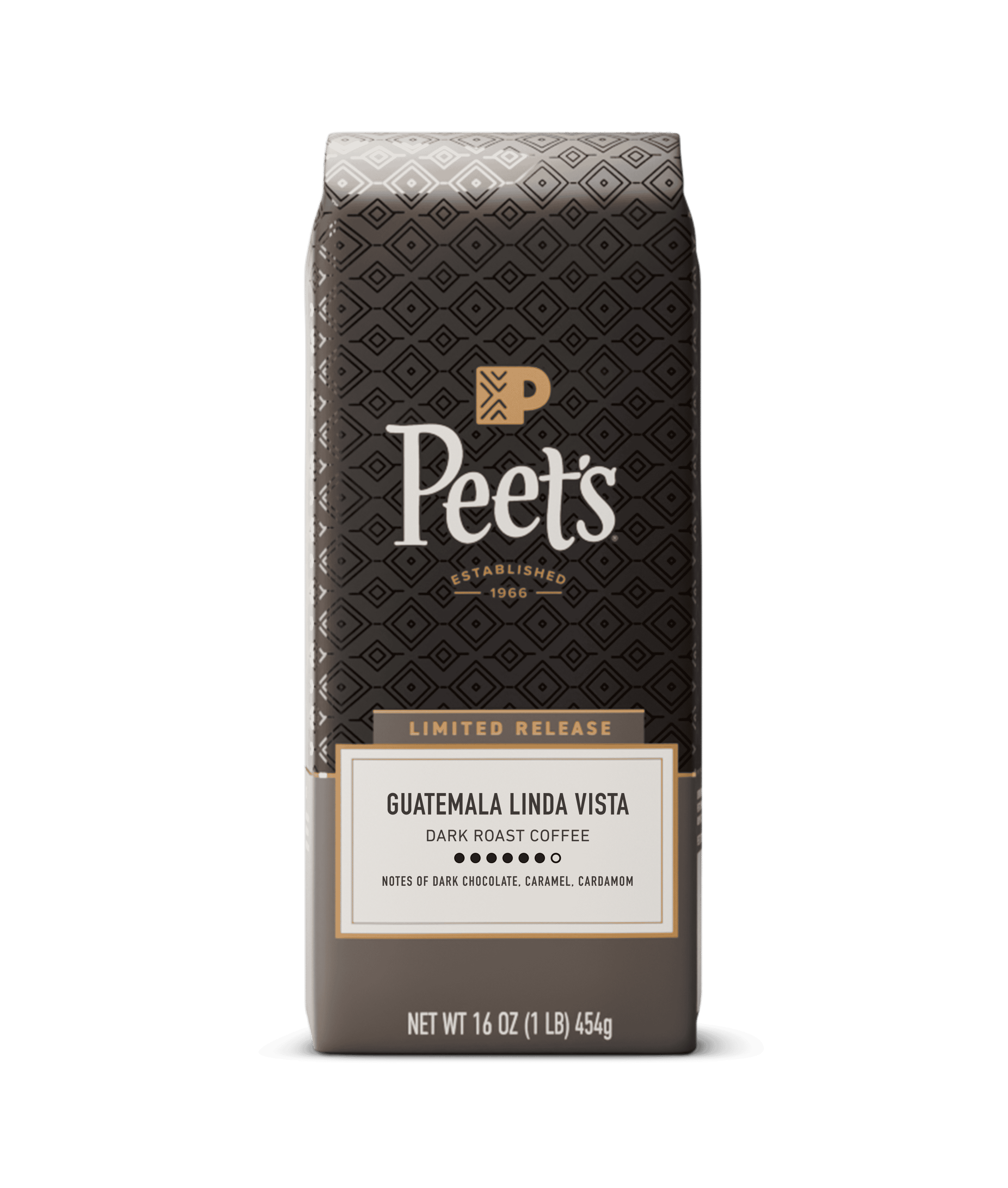 Peet's Guatemala Linda Vista dark roast coffee in a 16 oz bag, featuring a dark brown patterned design with gold and white text.
